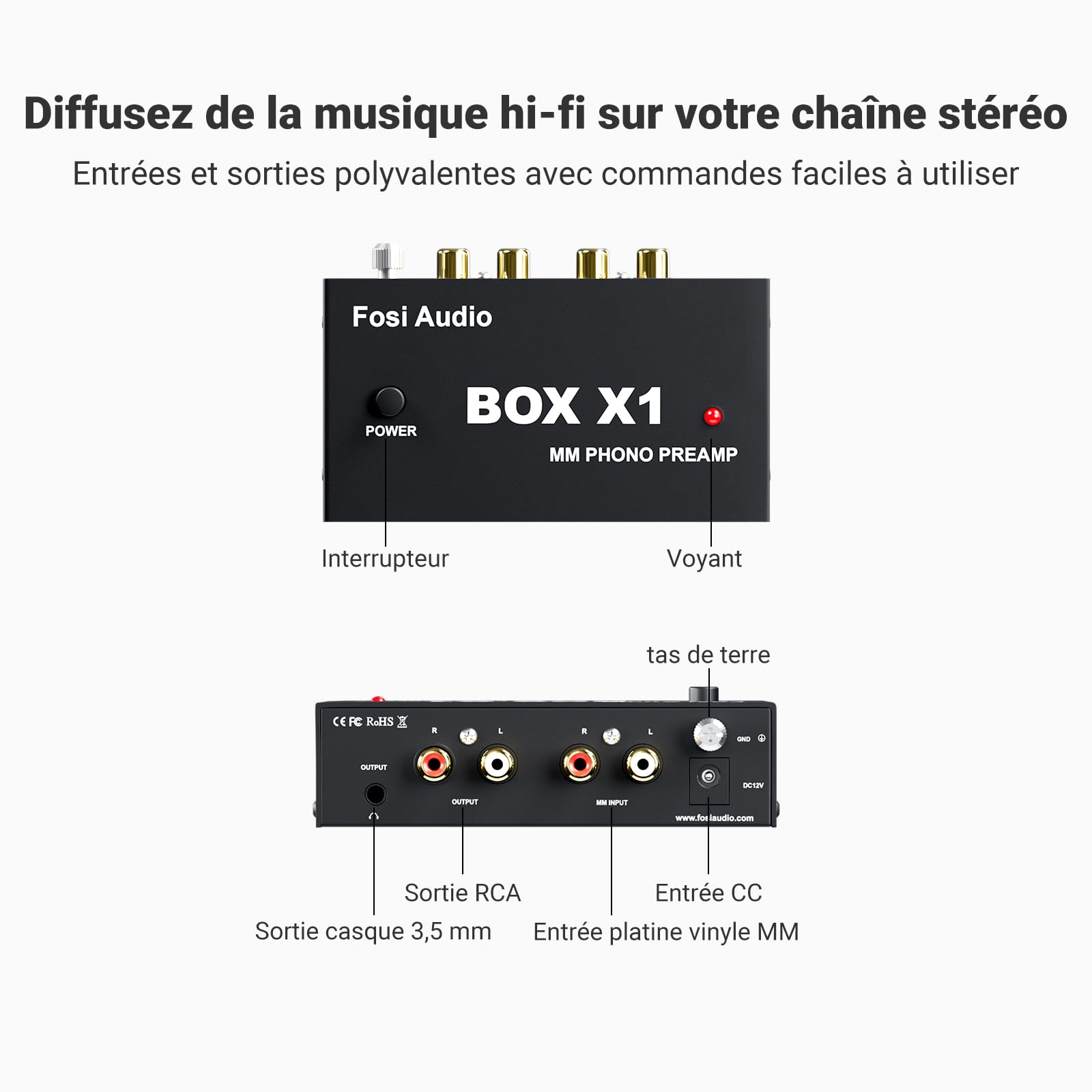 Fosi Audio BOX X1 Préamplificateur Phono, Mini MM Préampli à Très Faible Bruit Préamp Hifi avec Sortie RCA/TRS, Poteau Mise à la Terre et Alimentation 12 V CC