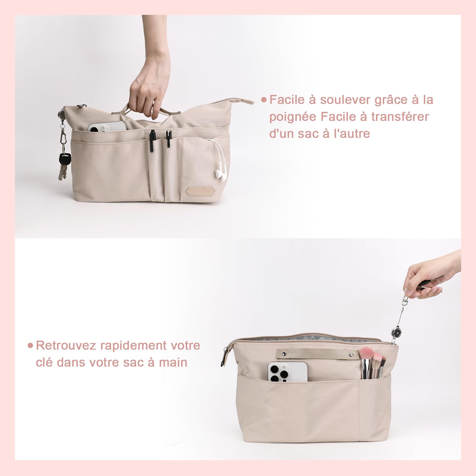 GADITIEK Organisateur Sac à Main Polyester avec Fermeture Multi Poches pour Longchamp Sac Pliage Femmes Beige L