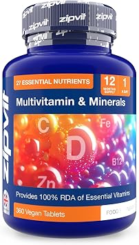 Zipvit Multivitamin & Minerals, 27 Essential Nutrients, 100% Daily Multivitamins, 360 Vegan Multivitamin Tablets for Women & Men