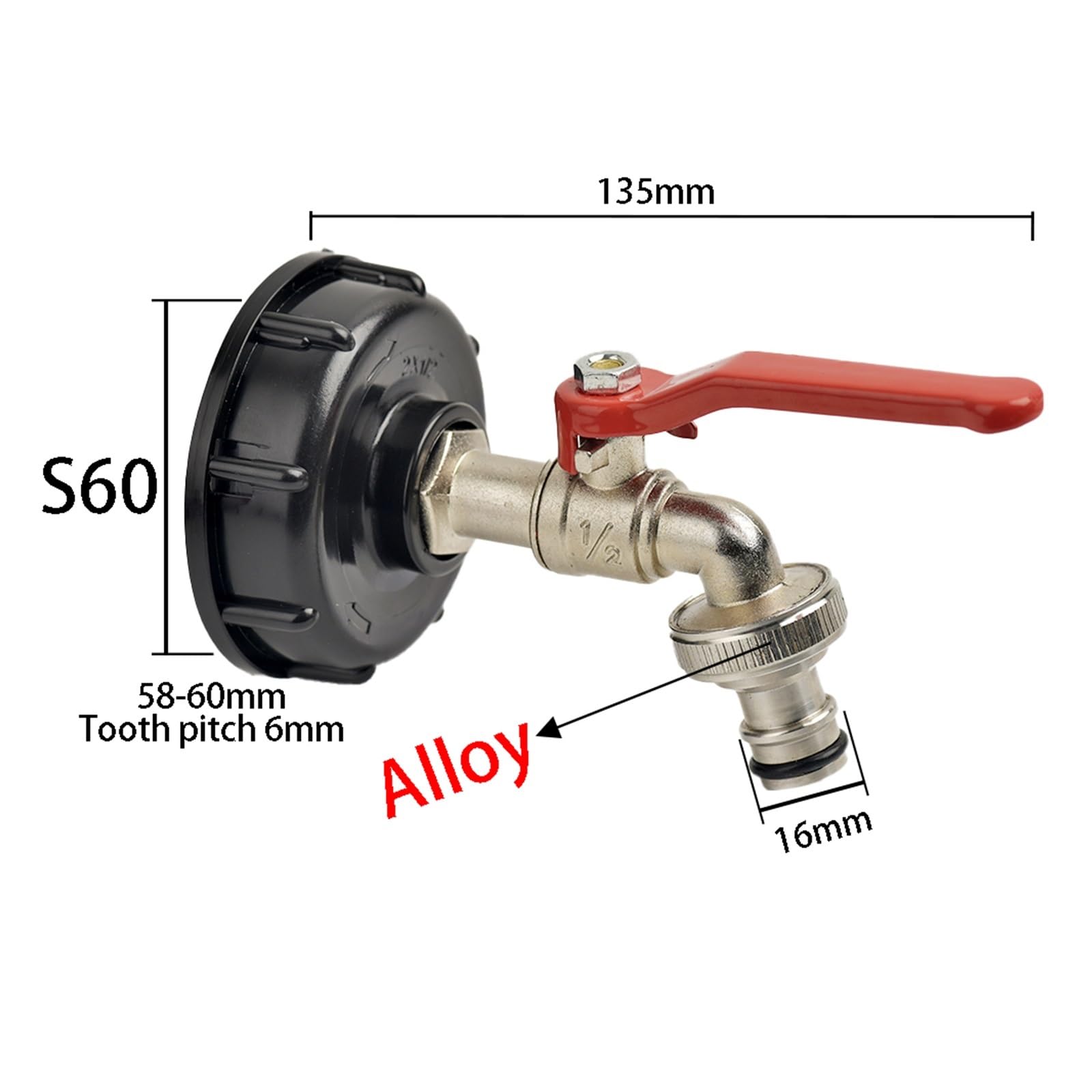 łącznik gwintowany, 1 szt. Adapter do kranu zbiornika IBC S60*6 z grubym gwintem mosiądzu/stopu 16 mm Szybkozłączka Zawór zamienny ogrodowy Domowy(C)