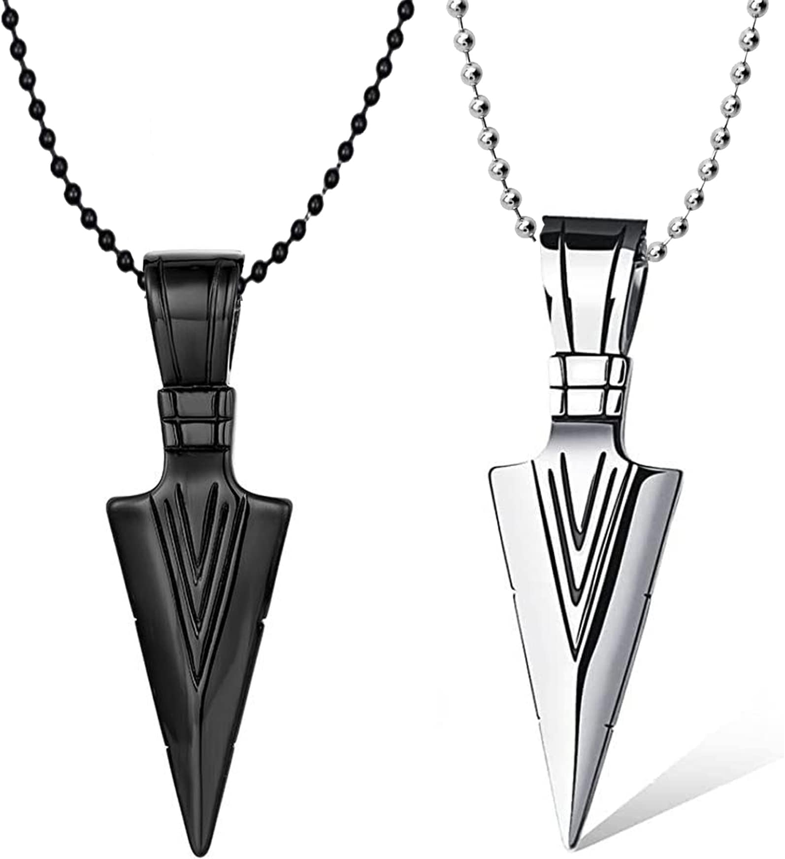 OkosMen's Fashion Jewellery Combo of 2 Rhodium Plated and Black Finish Spear Point Arrowhead Pendant Necklace With Chain For Boys and Men PD1000875COM