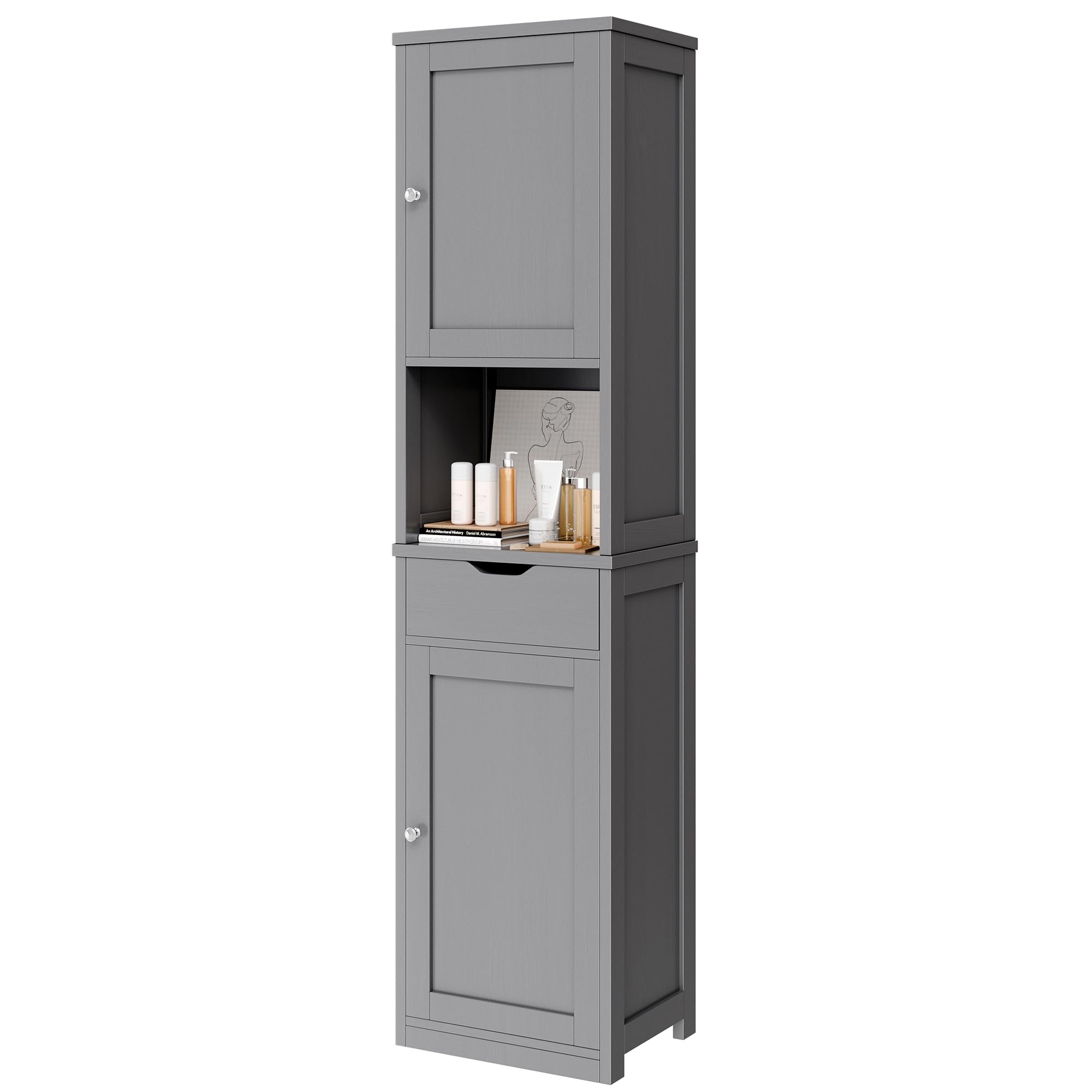 VongrasigTall Bathroom Storage Cabine, 64”H Freestanding Storage Pantry Cabinet, Narrow Cabinet with Adjustable Shelves, Open compartments for Small Spaces, Bathroom, Living Room, Kitchen, Grey