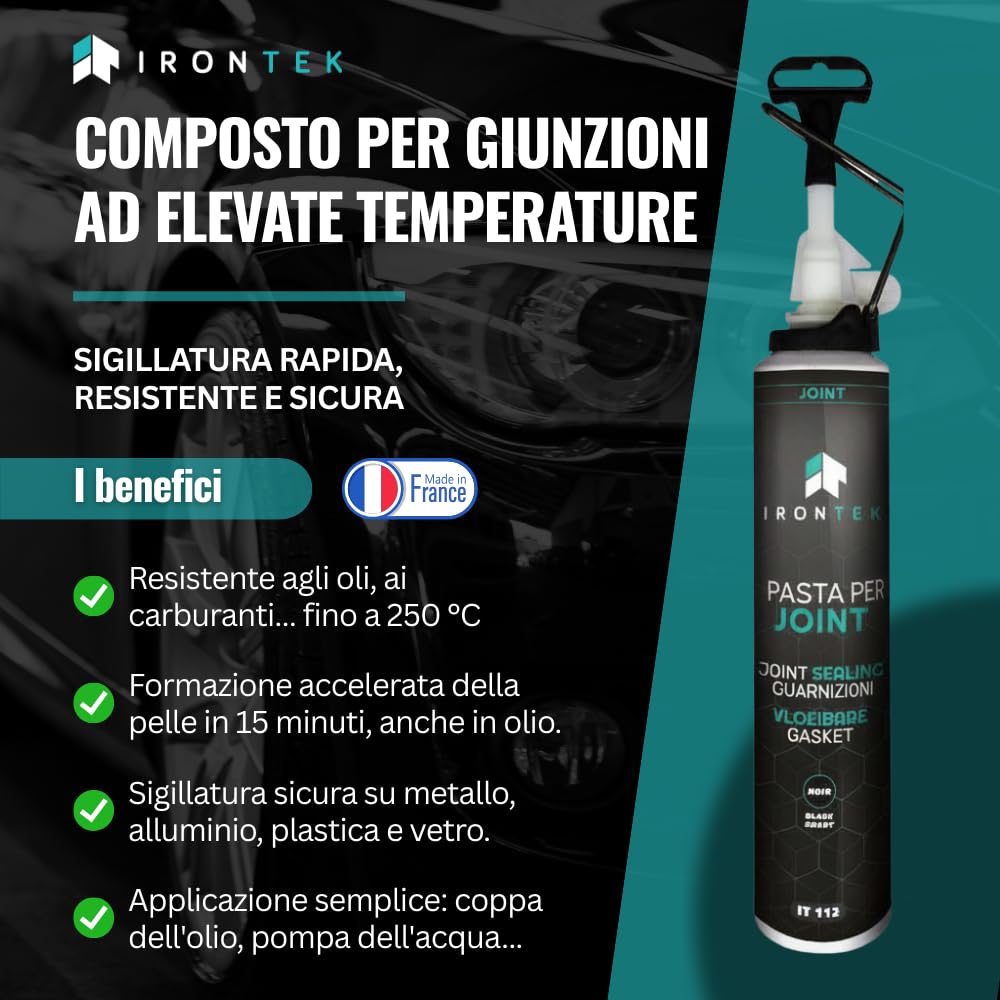 IRONTEK Pasta Sigillante Motore Nera 200ml IT112 | -50°C +250°C | Resistente a Olio e Carburanti | Carter Pompa Testata | Elastomerica