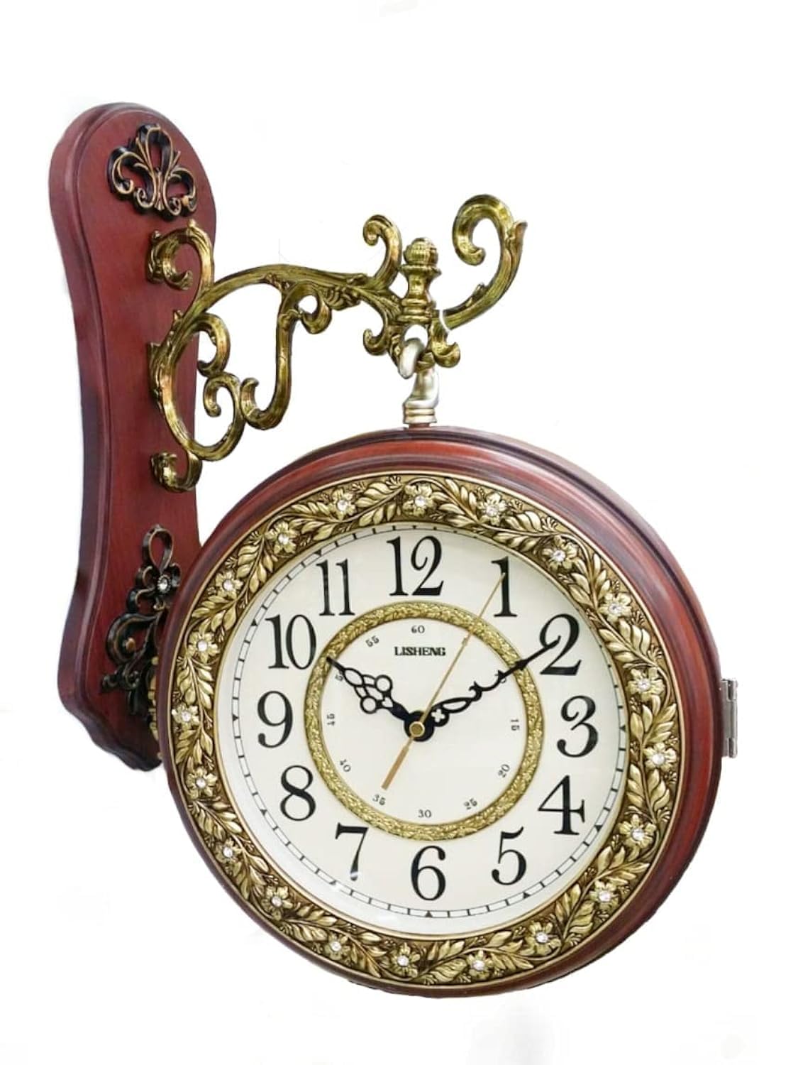 Antique-Round Wall Hanging Double Sided Two Faces Retro Clock Round Wall Hanging Clock with Scroll Wall Side Mount (STYLE 4)