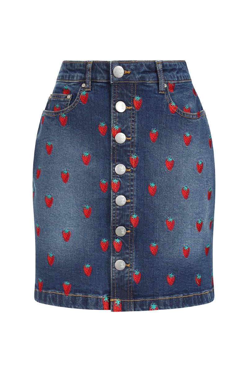 Hell Bunny Blue Strawberry Denim Mini Skirt Small