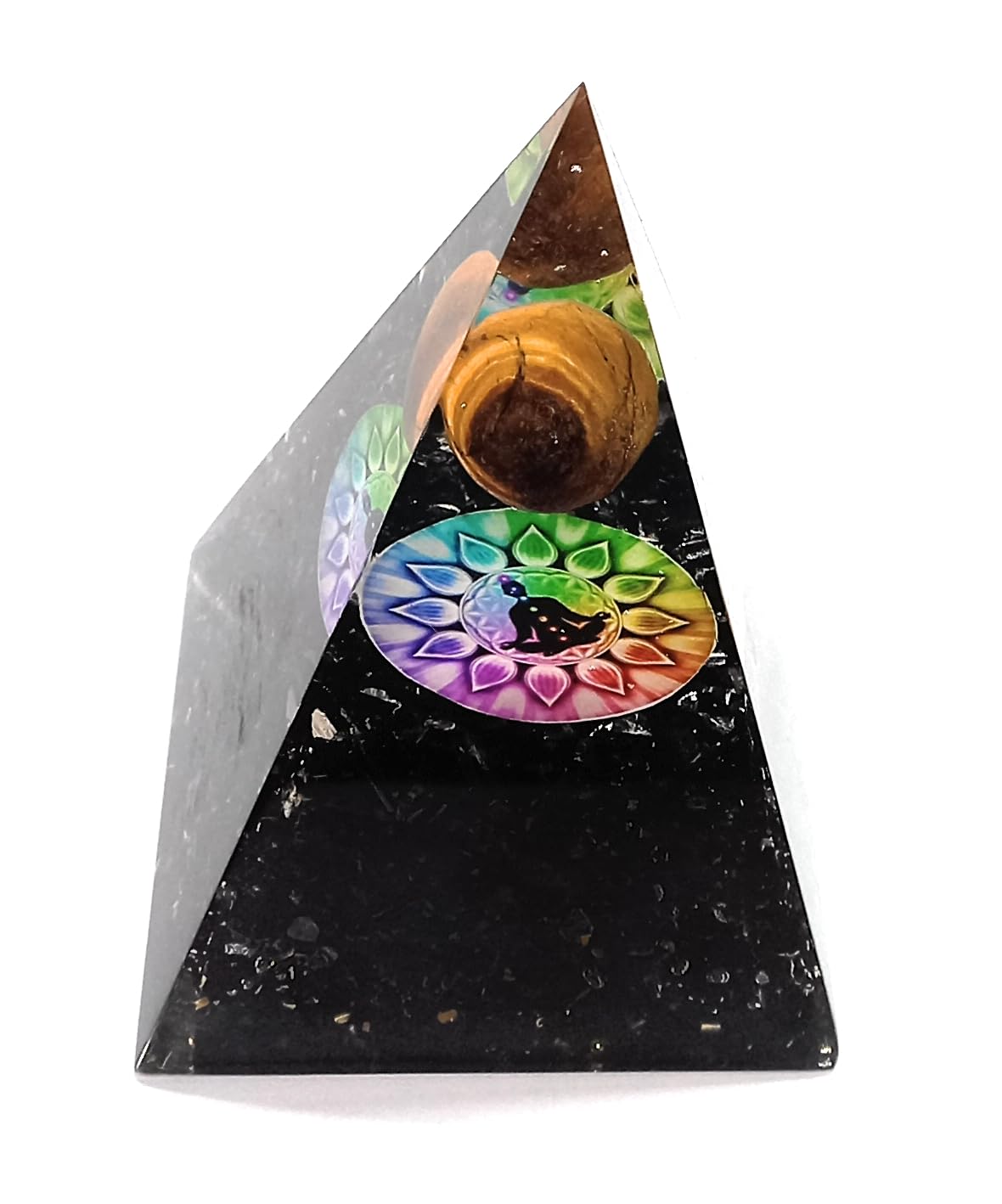 Samyuktha Piramide di orgonia naturale in tormalina nera con sfera occhio di tigre per ricchezza, prosperità, successo, resina, 7,6 cm, ricchezza, prosperità, Feng Shui, Vastu, scrivania, Evil Buri