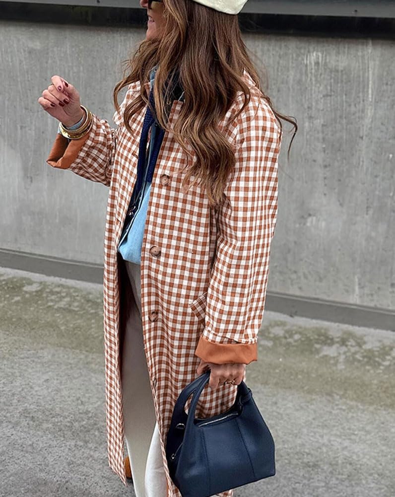chouyatou Women's 2026 Spring Plaid Long Trench Coat Single Breasted Casual Barn Jacket Outerwear Overcoat