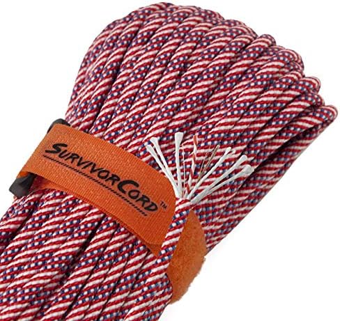 Titan Survival Old Glory 620 LB SurvivorCord, Old Glory Paracord 550 Type III, Military Grade, Heavy Duty Paracord with 3 Survival Strands, Cordage for Camping, Survival, Waterproof Firestarter