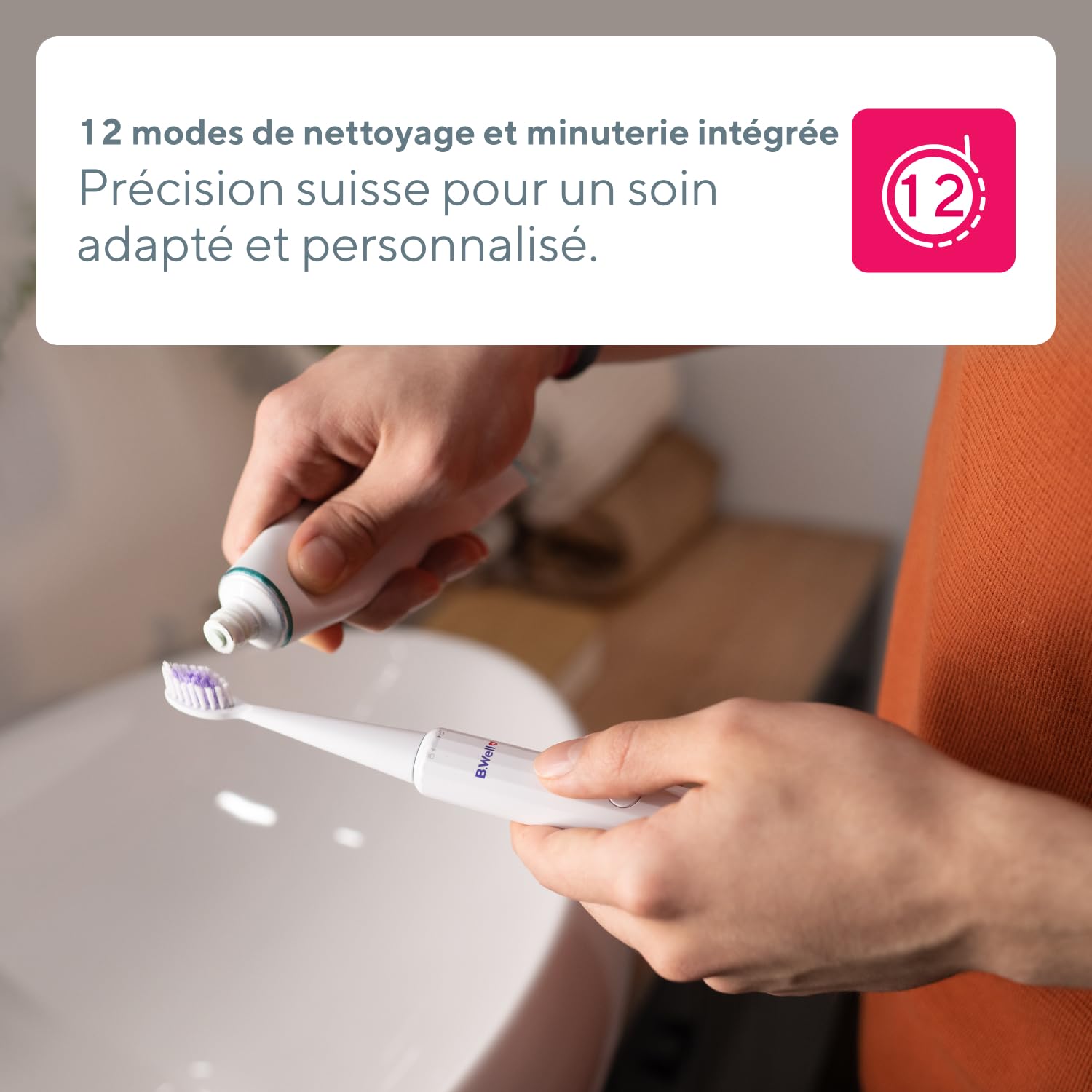 B.Well MED-870 Brosse à dents sonic - Adultes 12 modes autonomie 4 mois | Qualité suisse: 4 modes avec 3 intensités, minuteur intelligent, mémoire du mode & étanchéité IPX7, Noire