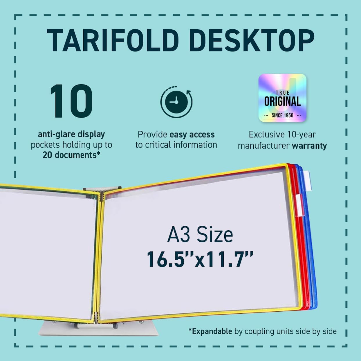 DJOIS by Tarifold - Desktop Reference System - Durable Steel Wire Frames - for 11.7" x 16.5" Documents - A3-Size -10 Double-Sided Pockets - Landscape Display - Made in France - Assorted Colors
