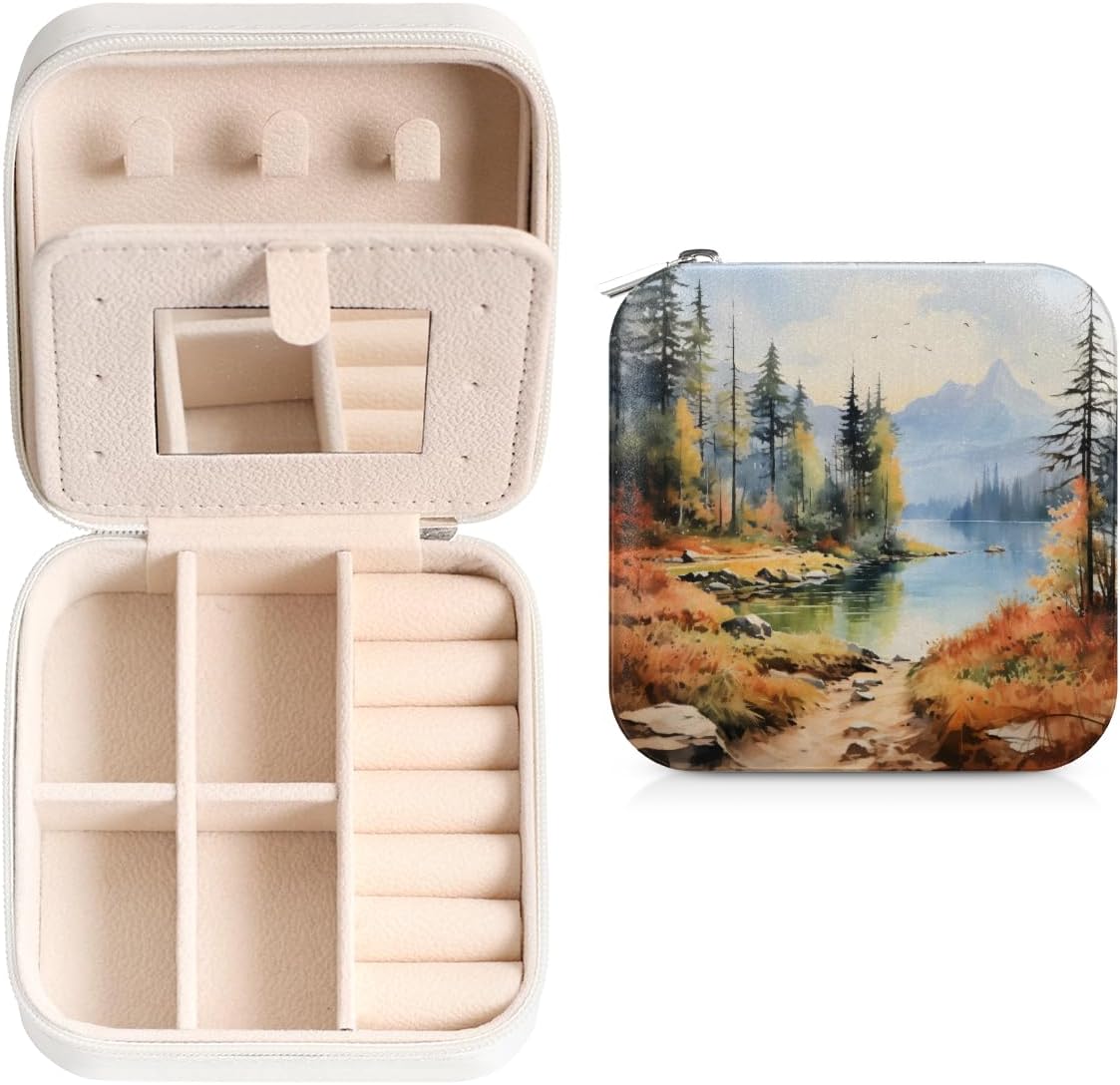 Forest Mountain Print Portable Jewelry Organizer PU Leather Travel Jewelry Box with Mirror Compact Display Storage Case for Rings Earrings Necklaces Bracelets Pendants