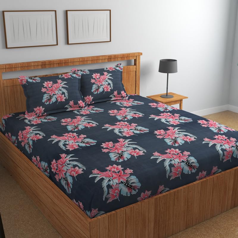 Image of Florida Elastic Fitted Bedsheet for Double Size Bed with Pillow Covers and Made of Cotton with Floral Print