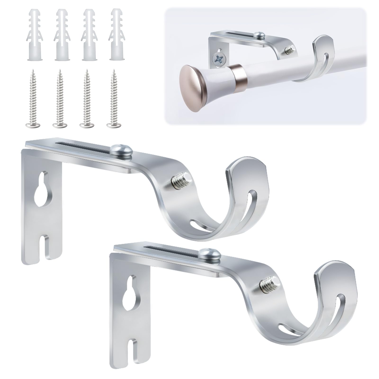 Set 3 Staffe Regolabili Per Aste Tende | Da Parete, Telescopiche 3,5-11,4 Cm | Per Aste Ø 2,2-2,5 Cm | Colore Argento - 2