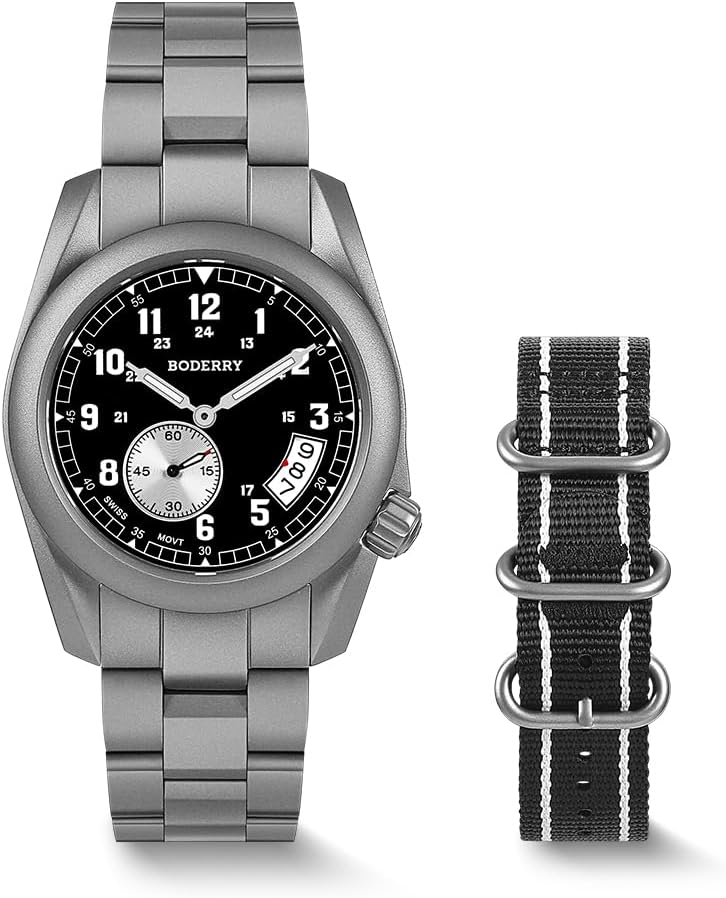BODERRY 38mm Men's Watch Titanium Field Watch - Swiss Quartz Movement, Military Watch Day Date Function 100M Water Resistance - Voyager
