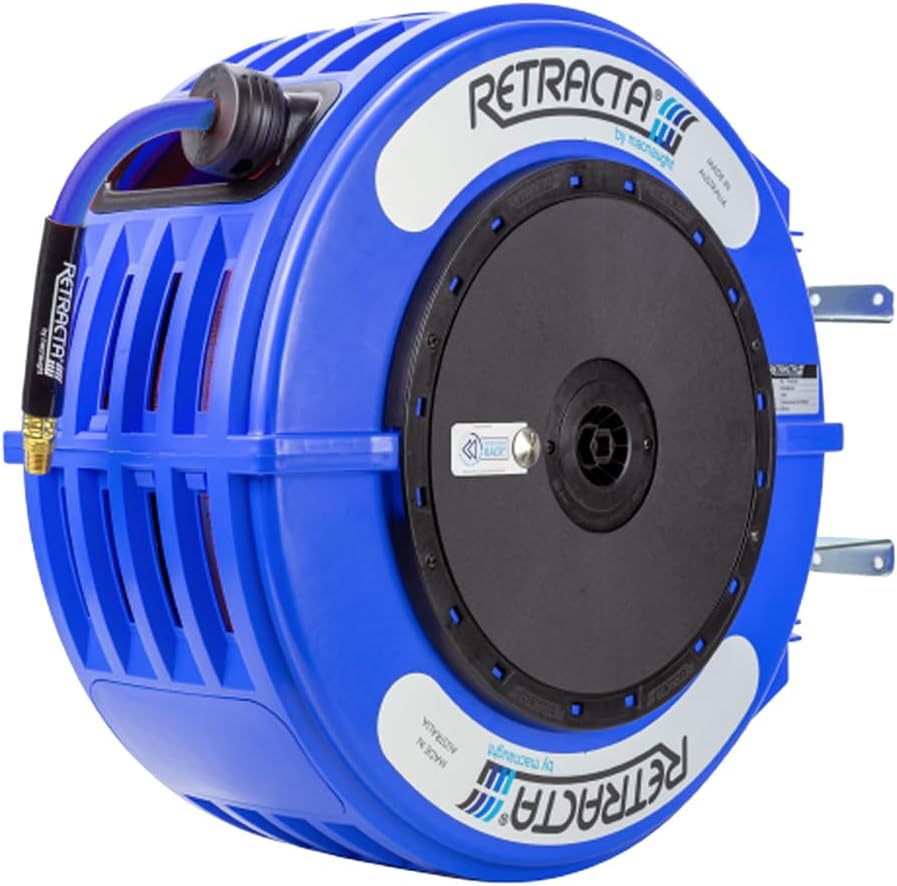 Macnaught R3 Thermoplastic Heavy Duty Retractable Hose Reel for Air & Water, 300 PSI, Blue Case & Blue Hose (3/8 Inch)