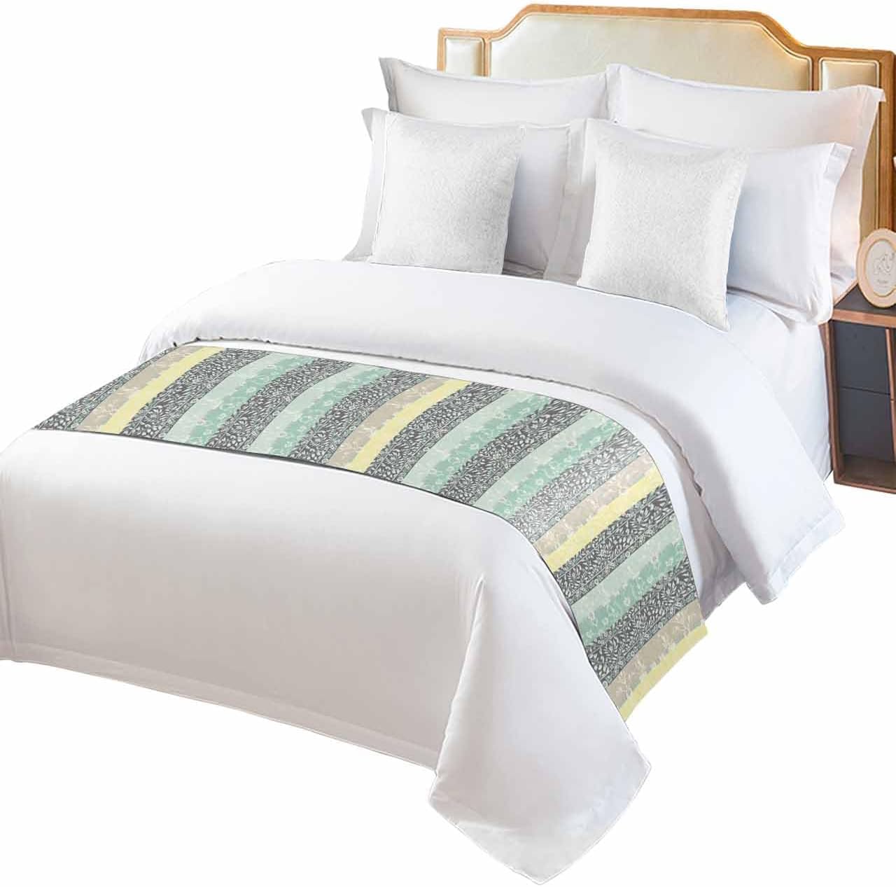 Boho Bed Runner Scarf Boho Folk-Custom Blue Yellow Gray Flower Pattern Bedding Scarf Decorative Bed Runners Cover for Home Bedroom Hotel Wedding Room Bed Scarf for Foot of Bed King 102x20in