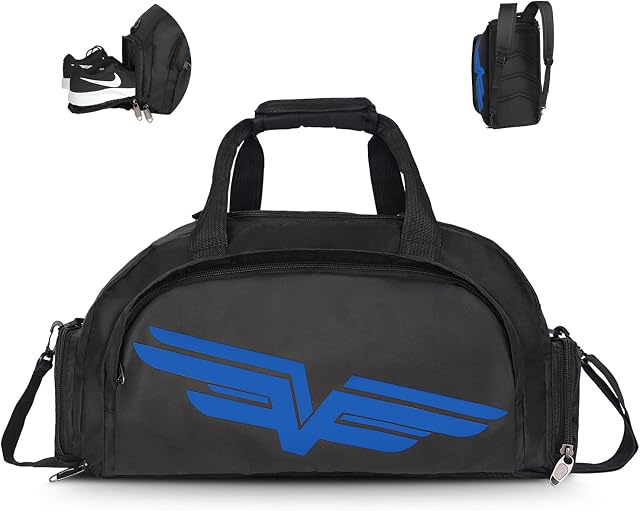 FIORETTO 30L Sports Gym Bag with Wet Pocket & Shoe Compartment, Water Repellent Weekend Hospital Overnight Bag for Women, Sports Holdall Backpack (Black+Blue)