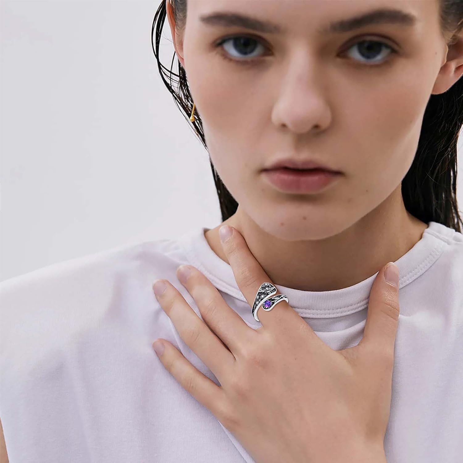 Genuine Amethyst Spoon Ring for Women 925 Sterling Silver Butterfly/Bee/Dragonfly/Eagle/Bird Spoon Rings Real Amethyst Jewelry for Her Wife