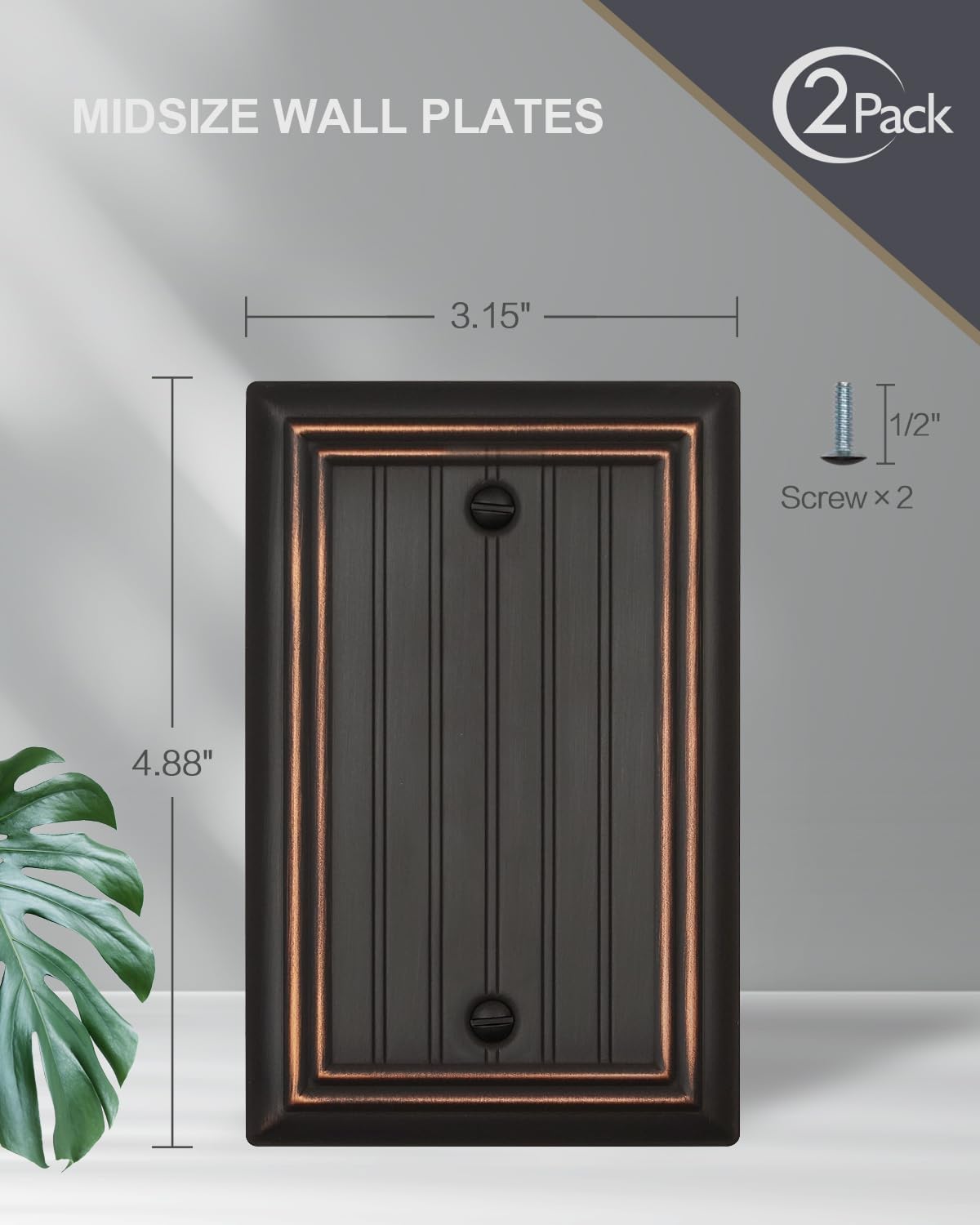 2-Pack Blank Wall Plate Cover, Decorative Aged Bronze Classic Beadboard Wall Plate, No Device Electrical Outlet Receptacle Covers, Durable Metal, 3.15''*4.88'', Midsize