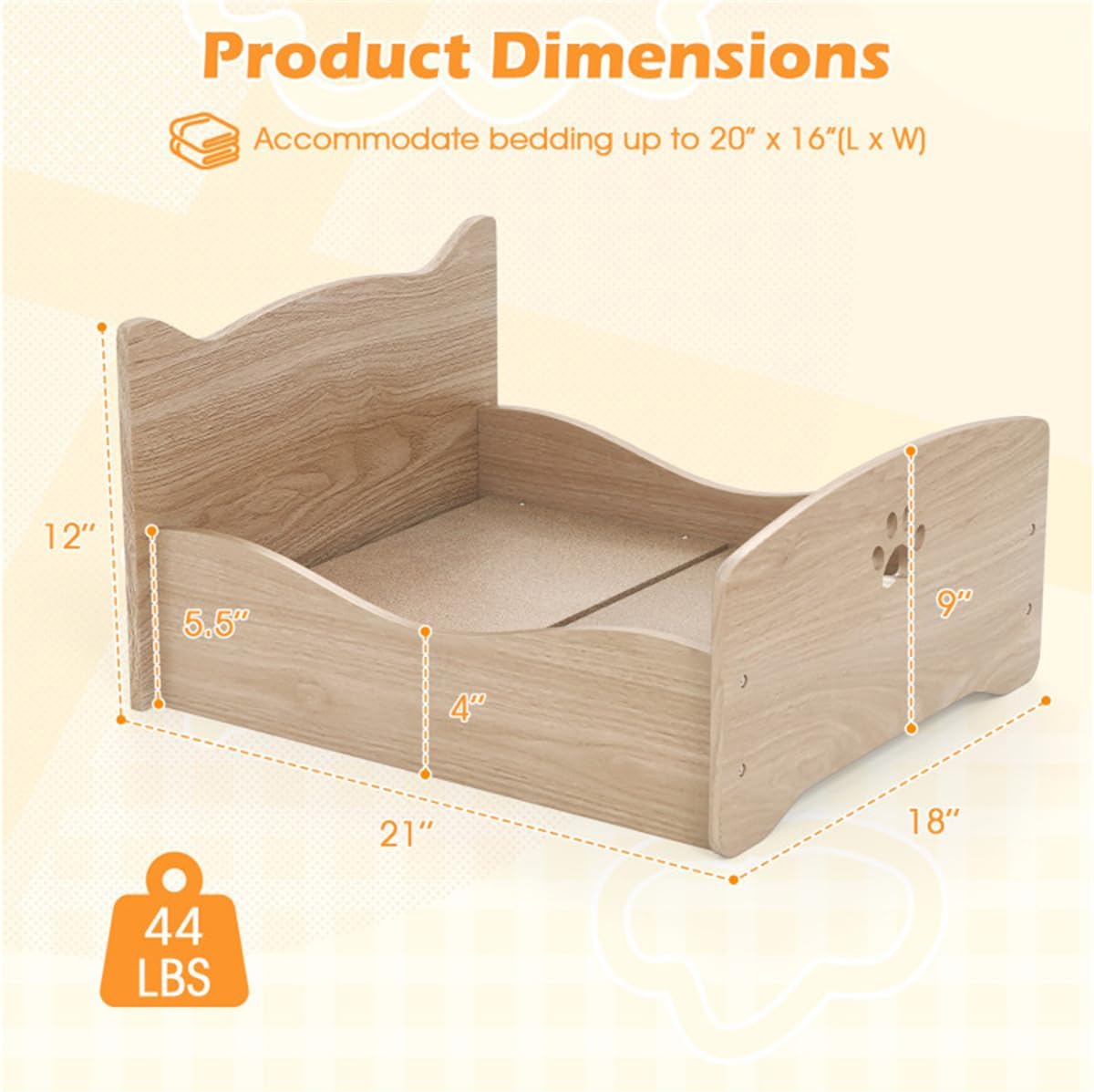 Elevated Pet Bed Frame for Small Animals with Guardrails and Wood Finish