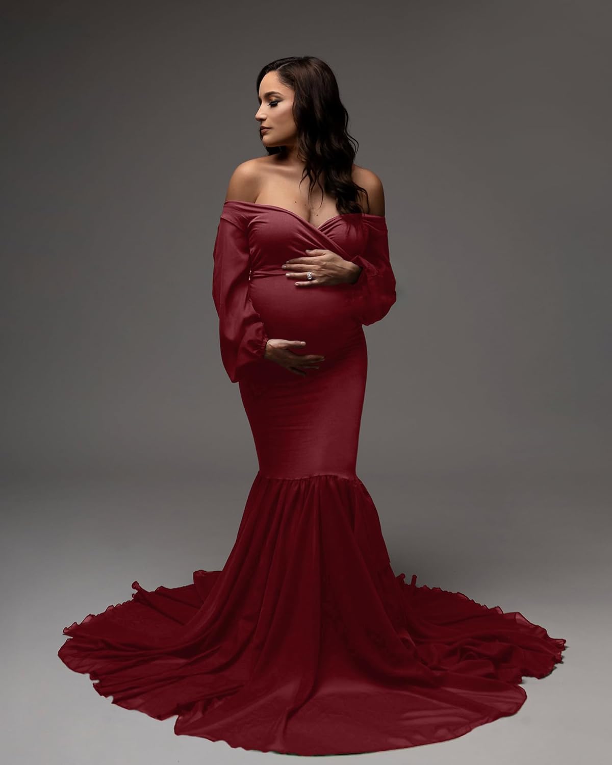 Saslax Long Chiffon Sleeve Tired Mermaid Maternity Dress for Photoshoot Photography Baby Shower - Image 7