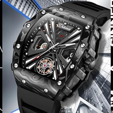 Men's Sports Style Tonneau Automatic Self-Wind Mechanical Watch, Rotating Flywheel Hollow Professional Watch with Silicone Strap, Waterproof Luminous Business Watches