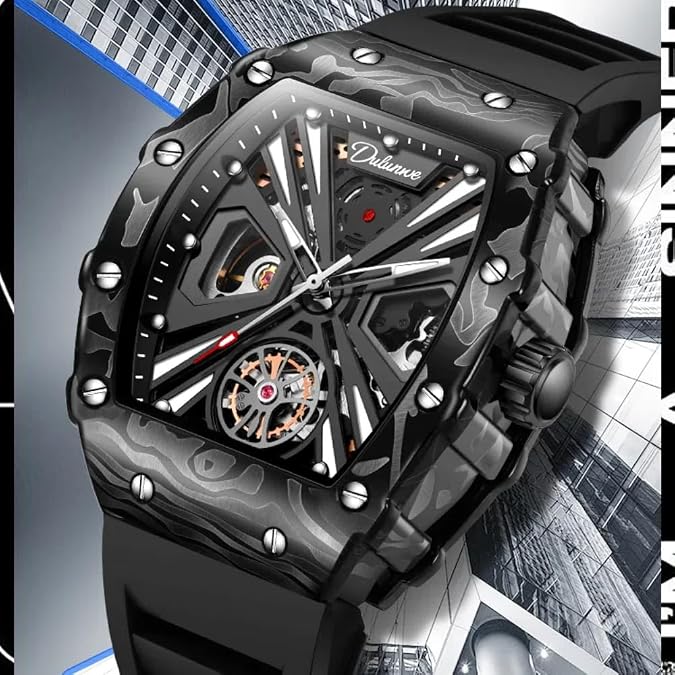 Men's Sports Style Tonneau Automatic Self-Wind Mechanical Watch, Rotating Flywheel Hollow Professional Watch with Silicone Strap, Waterproof Luminous Business Watches