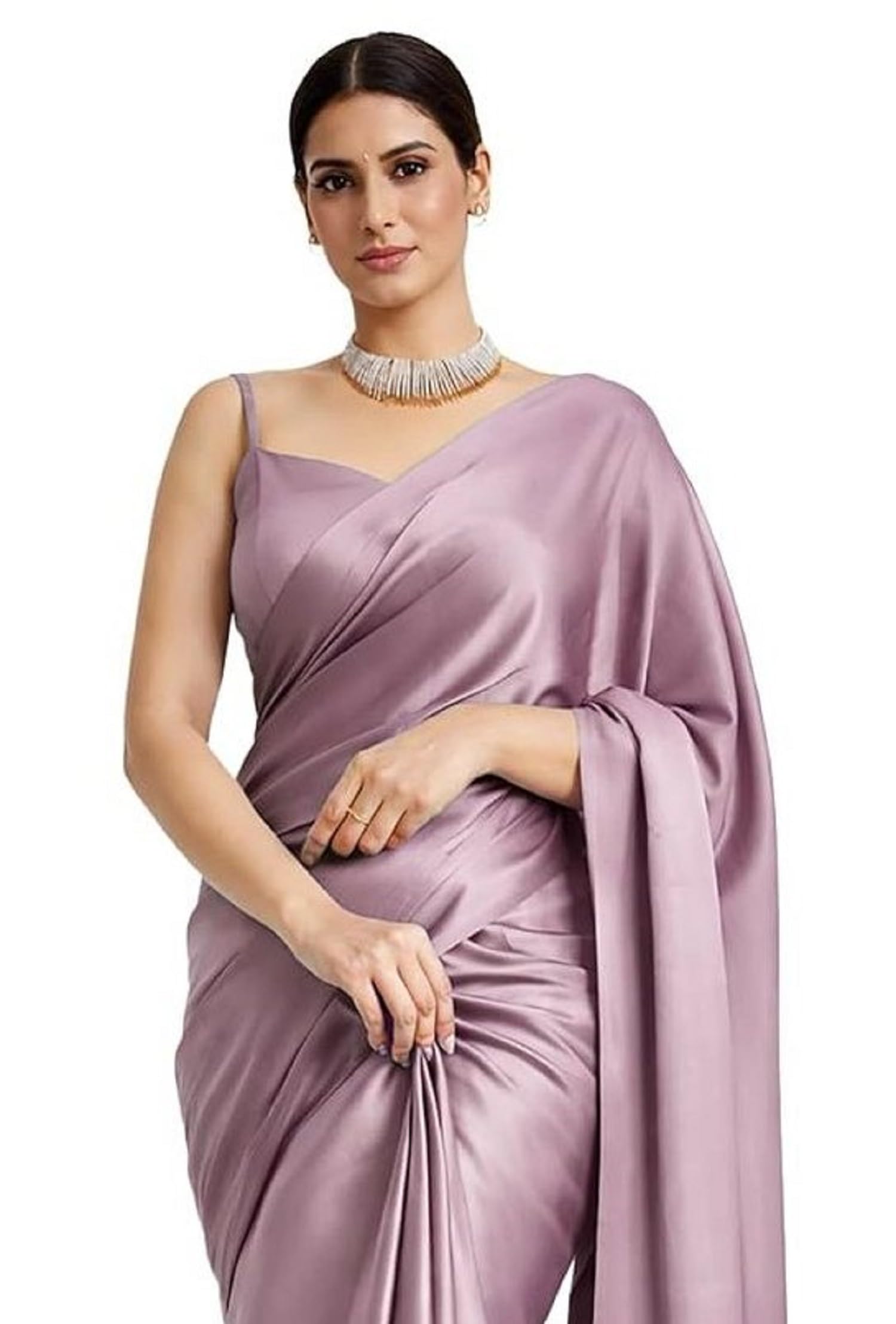 sataz Women's Ready to Wear Light Lavender Satin Silk 1 Minute Pre Pleated Readymade Saree with Unstitched Blouse-picture-18