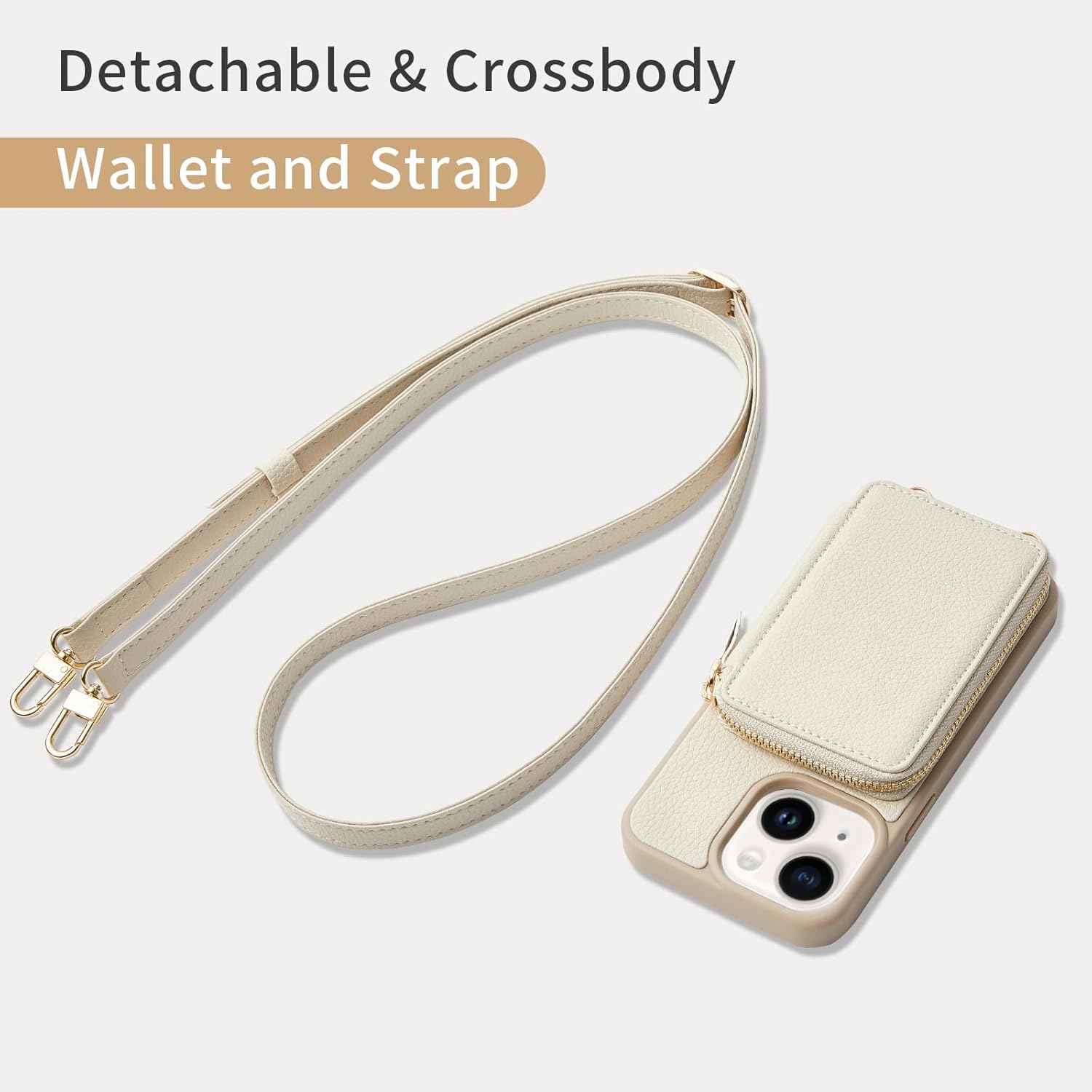 ZVE for iPhone 15 Crossbody Wallet Case, Card Holder Phone Purse for Women, RFID Blocking Zipper Carrying Leather Cover with Wrist Strap for iPhone 15 (6.1 inch)- Beige