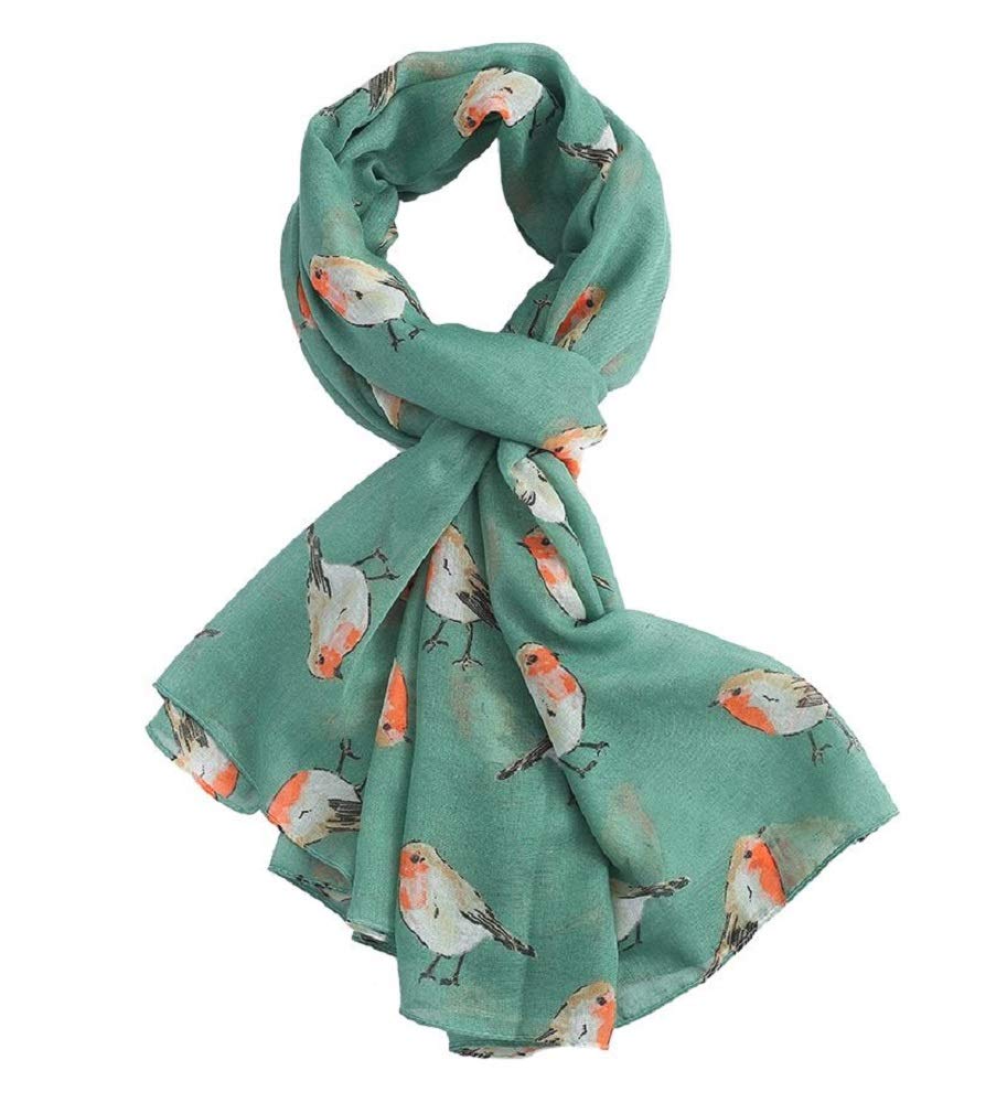 LilyRosa Grey Robin Scarf, White Blue Red Robins Bird Festive Christmas Scarves Shawl Wrap (Green)