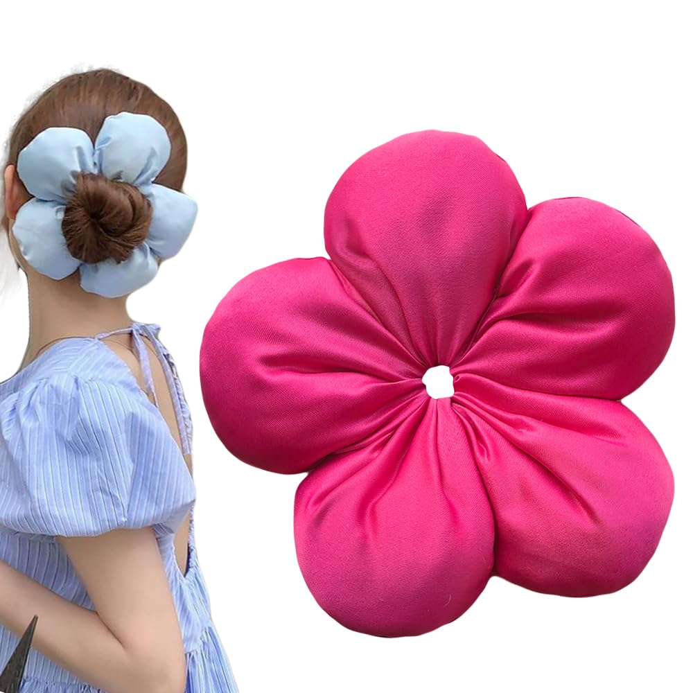 Large Flower Satin Hair Scrunchies for Women, Floral Shape Silk Hair Ties for Girls, Fashion Korea Oversized Flower Hair Accessories for Thick Curly Hair (Rose)