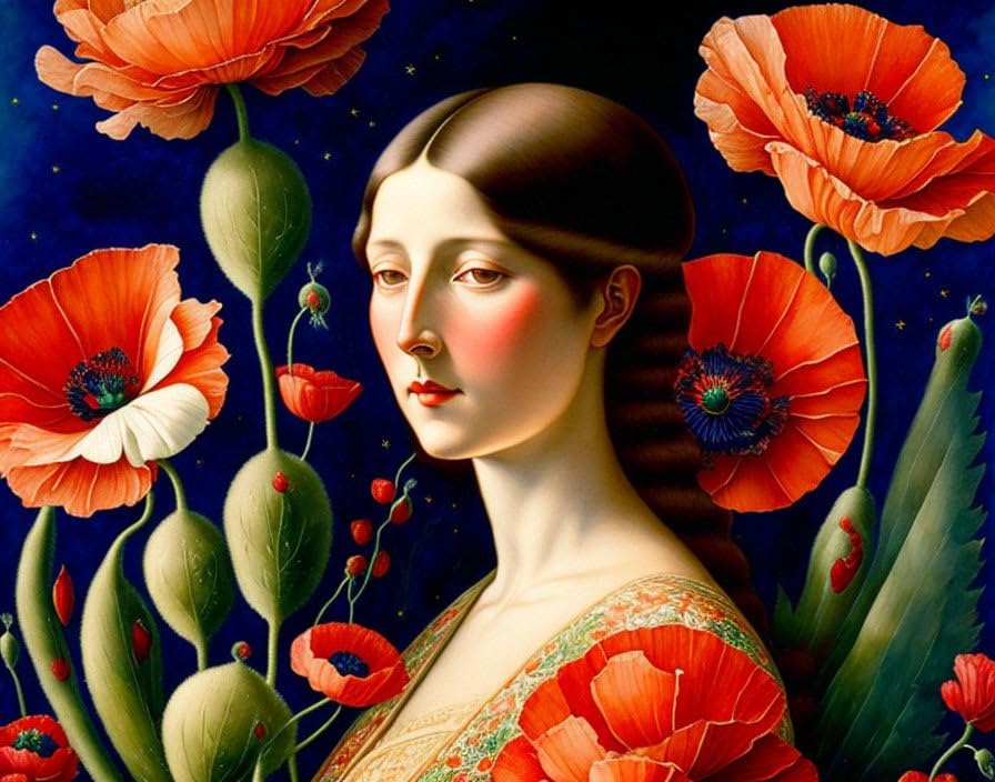 Toile art mural aquarelle haut de gamme portrait femme fleurs 58x90 cm