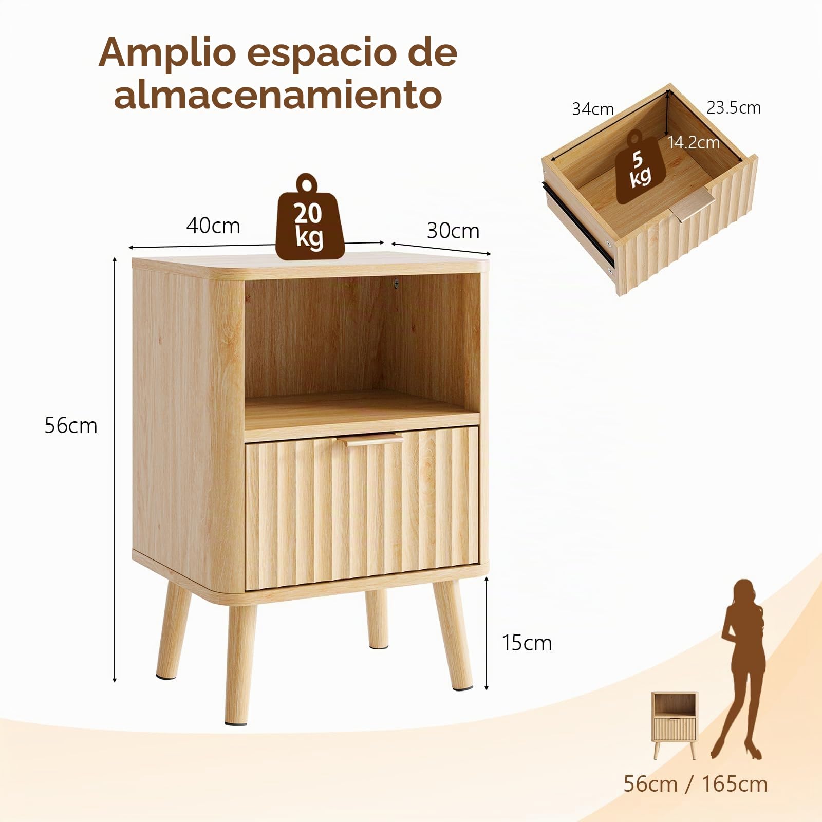Bonnlo Mesita de Noche con Patas Madera, Mesilla de Noche 40x30x56 cm, Soporta 25 kg, Cajón Suave y Estantería Abierta, Resistente al Agua, Ideal para Dormitorios Pequeños, Color Roble