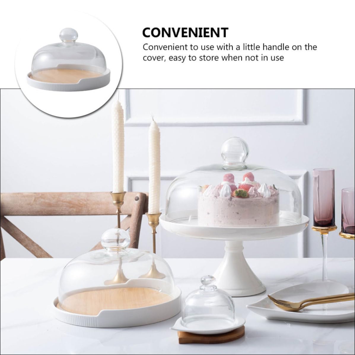 Plateau à Gâteau en Bois avec Couvercle en Verre, 1 Set
