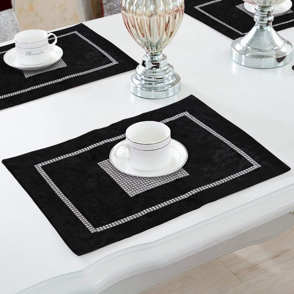 Time to Sparkle 2pcs Luxury Velvet Diamante Placemat Table Mats Thick Velvet Satin Christmas Xmas (Velvet-black)