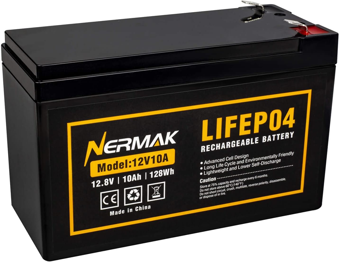 NERMAK 12V 10Ah Lithium LiFePO4 Deep Cycle Battery, 2000+ Cycles Rechargeable Battery for Solar/Wind Power, Lighting, Power Wheels, Ride-on Toy, Fish Finder and More, Built-in 10A BMS