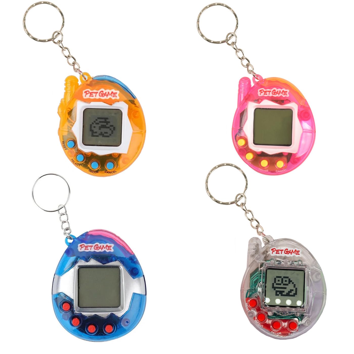 4 Pieces Virtual Electronic Digital Pets Keychains Nostalgic 168 Giga Pets in One Virtual Cyber Digital Nostalgic Handheld Electronic Toys for Kids Funny Play (Transparent Color Version)