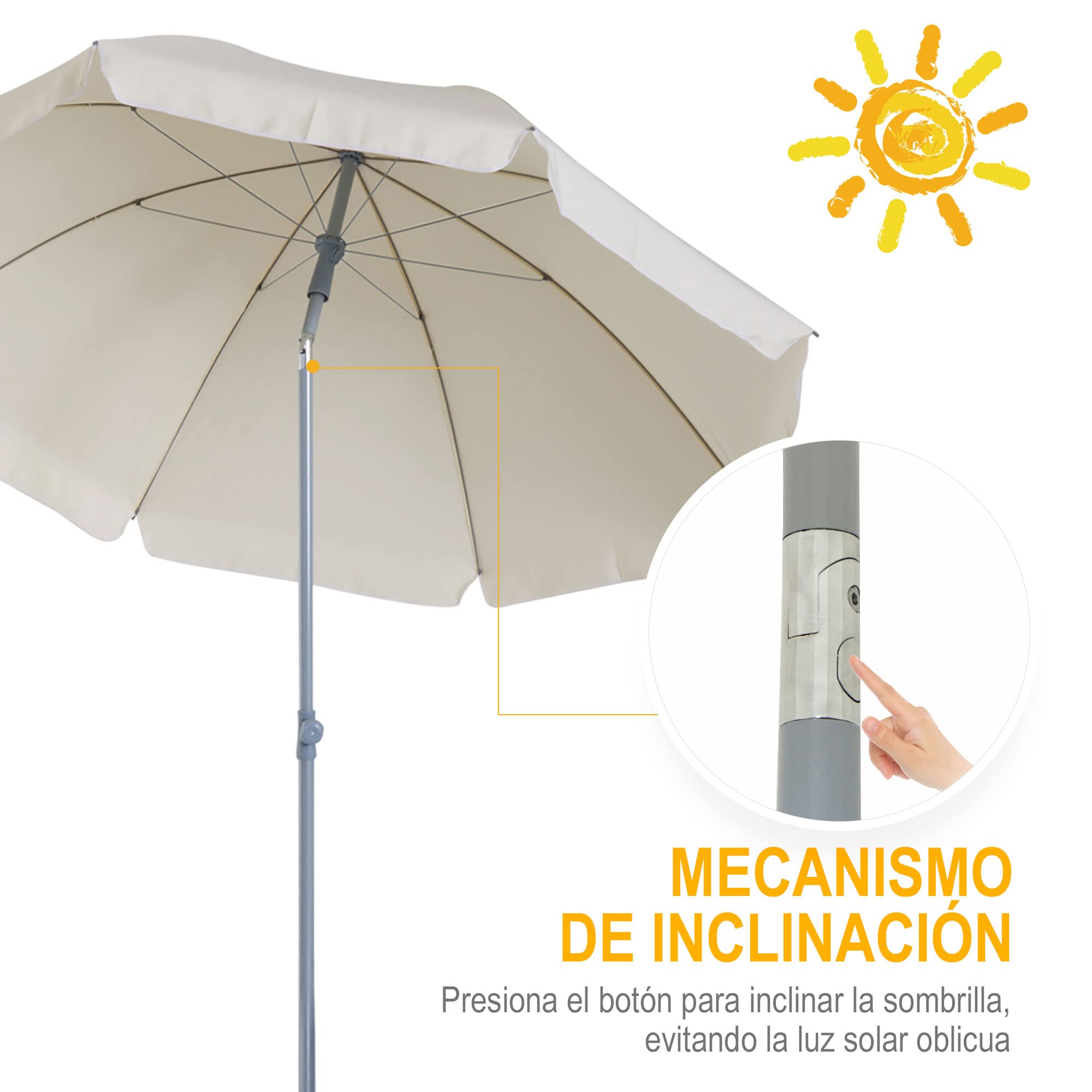Outsunny Sombrilla de Playa Ø202 cm Techo Inclinable para Jardín Beige | Poste Desmontable, Pincho Inferior