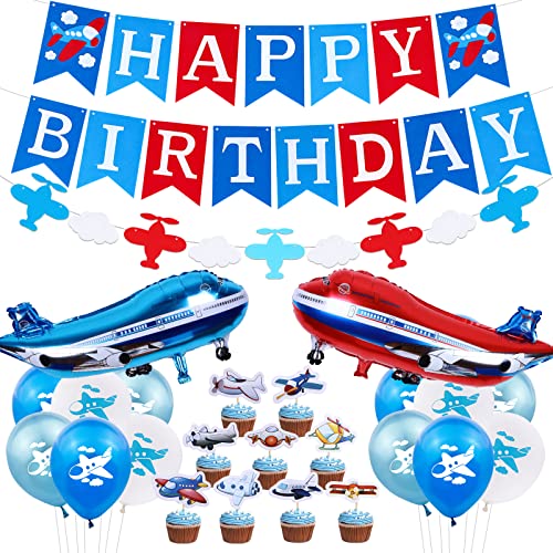 Jollyboom Plane Birthday Decorations Airplane Balloons Cake Toppers Happy Birthday Banner Time Flies Theme Party Supplies Vintage Airplane and Clouds Garland for Boys Girls Kids Birthday Party