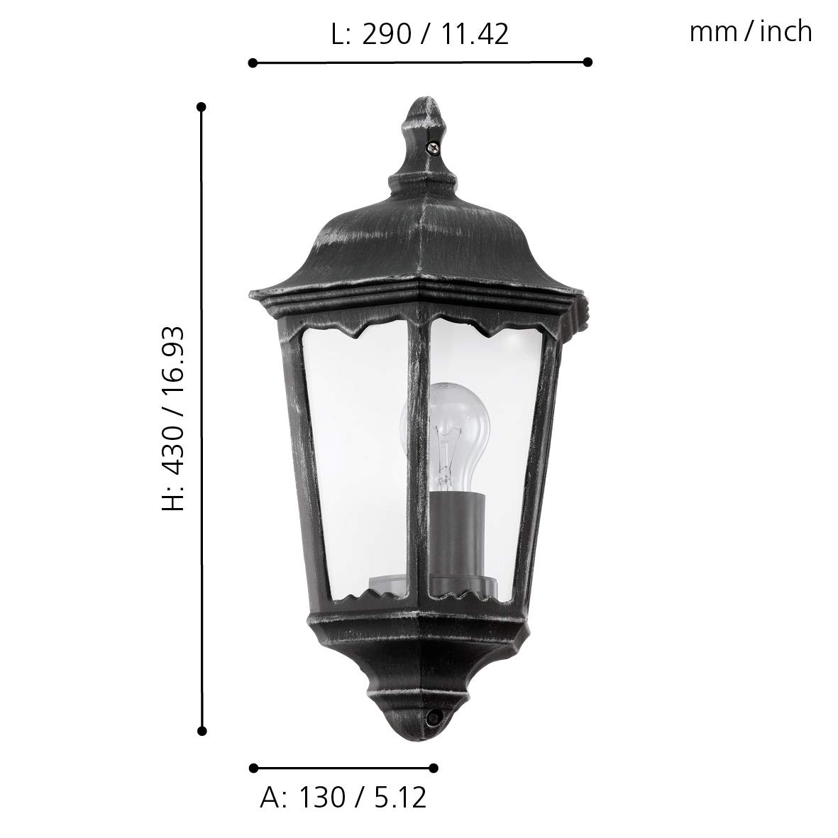 Eglo Lampada da parete esterna Navedo, lampada da muro 1 fiamma, in | alluminio pressofuso e vetro, colore nero con patina argento, attacco E27, IP44