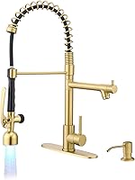 Vista 18 de Fapully - Grifo de fregadero de cocina comercial con mango único extraíble con rociador, níquel cepillado, con luz LED