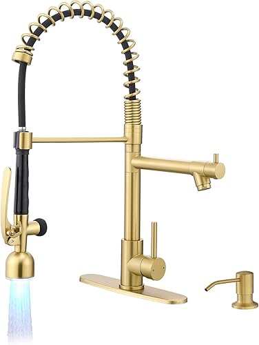 Miniatura 15 de Fapully - Grifo de fregadero de cocina comercial de una sola manija con rociador extraíble, acabado en bronce frotado con aceite y luz LED Un grifo