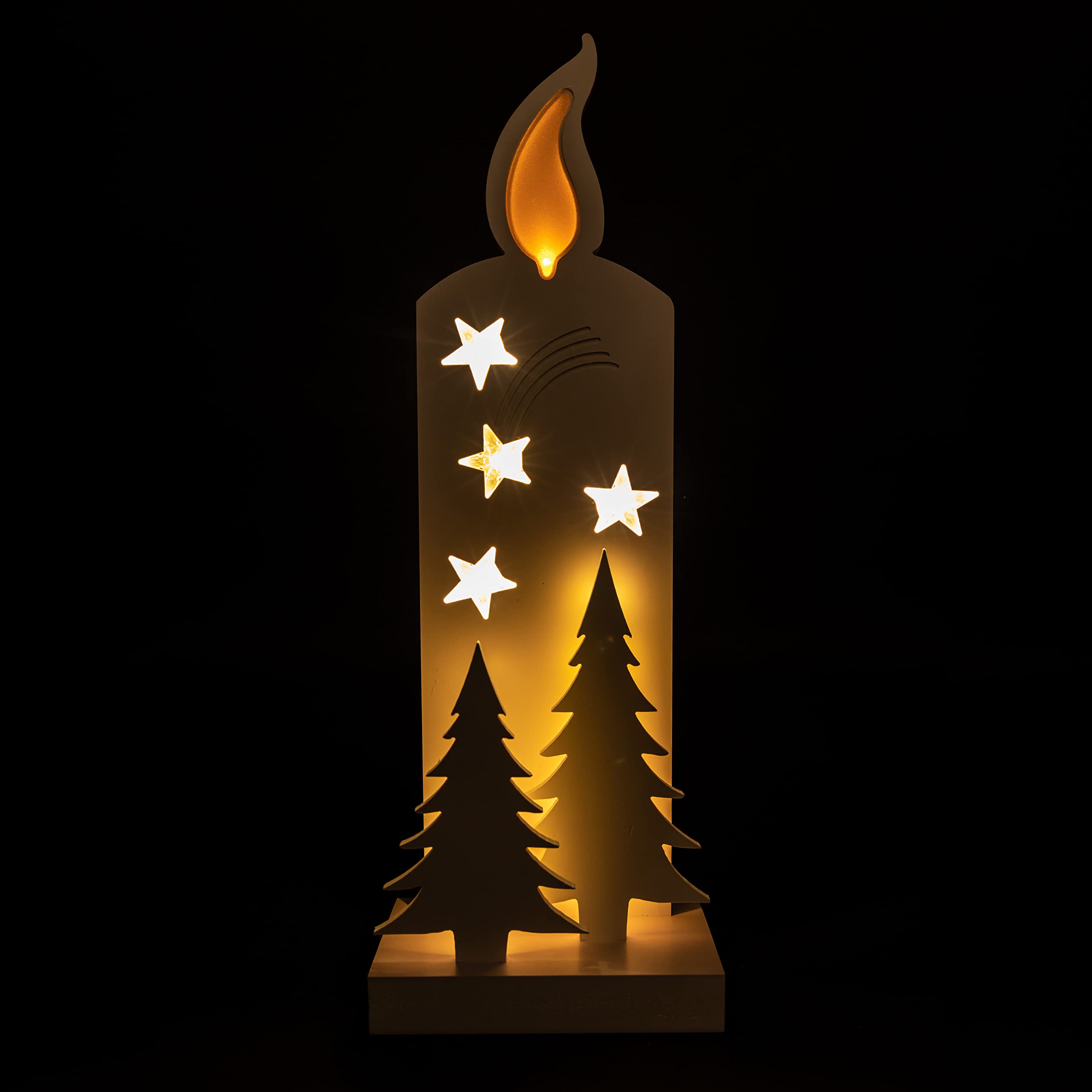 Shatchi White 36Cm Wooden Flameless Candle Christmas Decoration Pre Lit Led Stars And Christmas Tree Scene Ornament Table Window Battery Operated