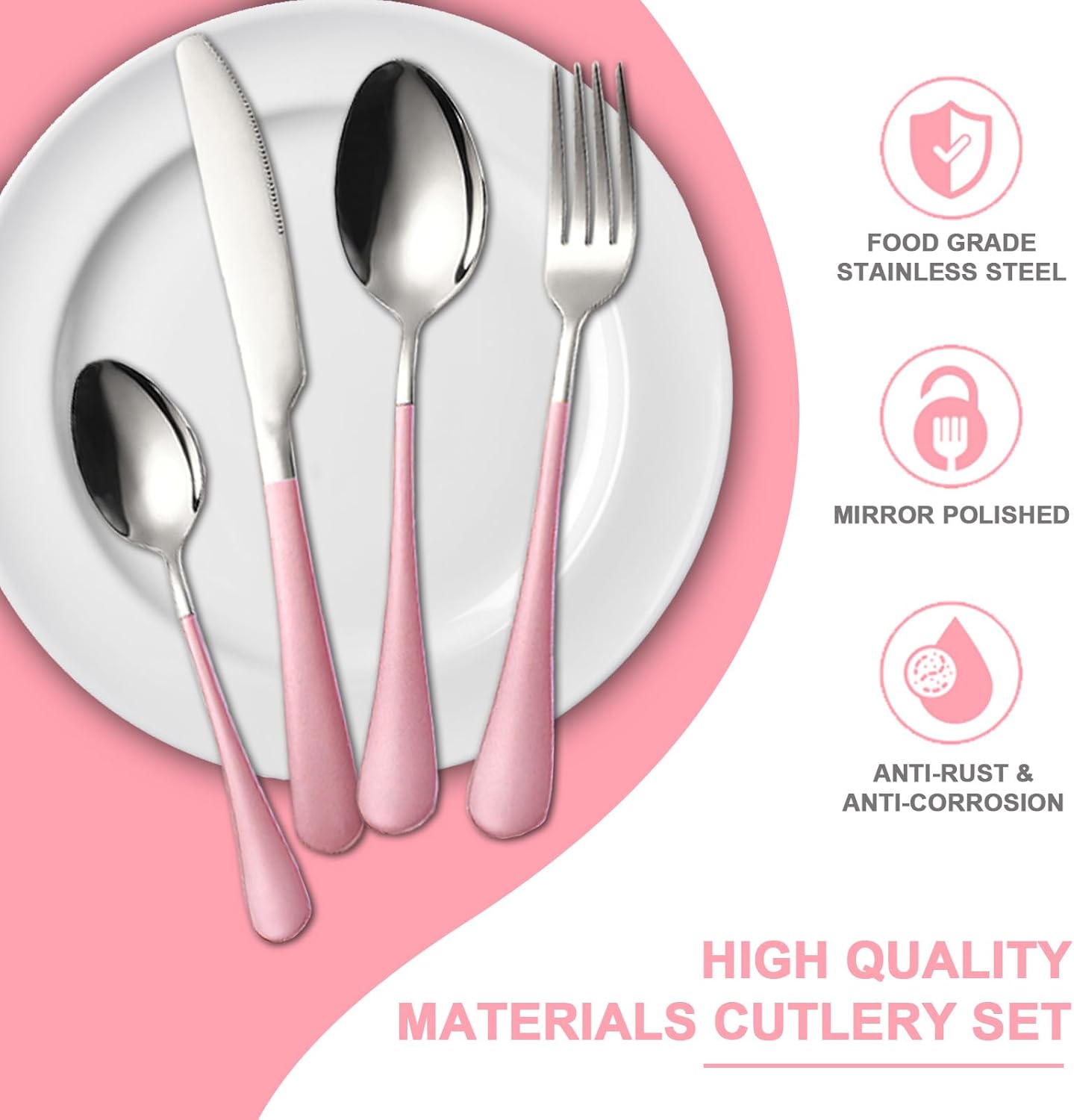 24 Pieces Silverware Set, Stainless Steel Cutlery Set with Holder, Flatware Set for 6 Person Tableware Set Includes Dinner Knives Forks Spoons Teaspoons, Mirror Polished (Pink)