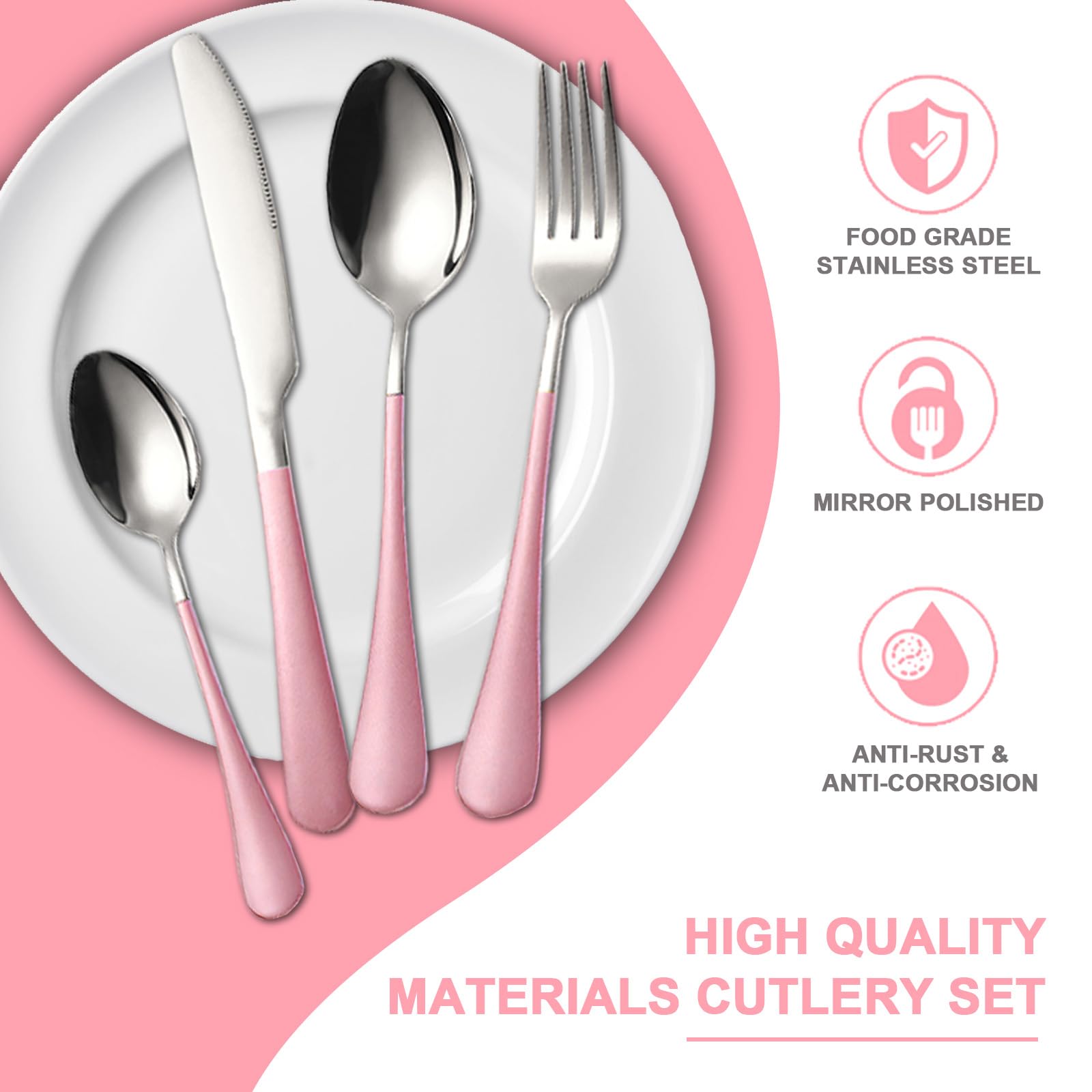 FTNESGYM 24 Pieces Silverware Set, Stainless Steel Cutlery Set with Holder, Flatware Set for 6 Person Tableware Set Includes Dinner Knives Forks Spoons Teaspoons, Mirror Polished (Pink)