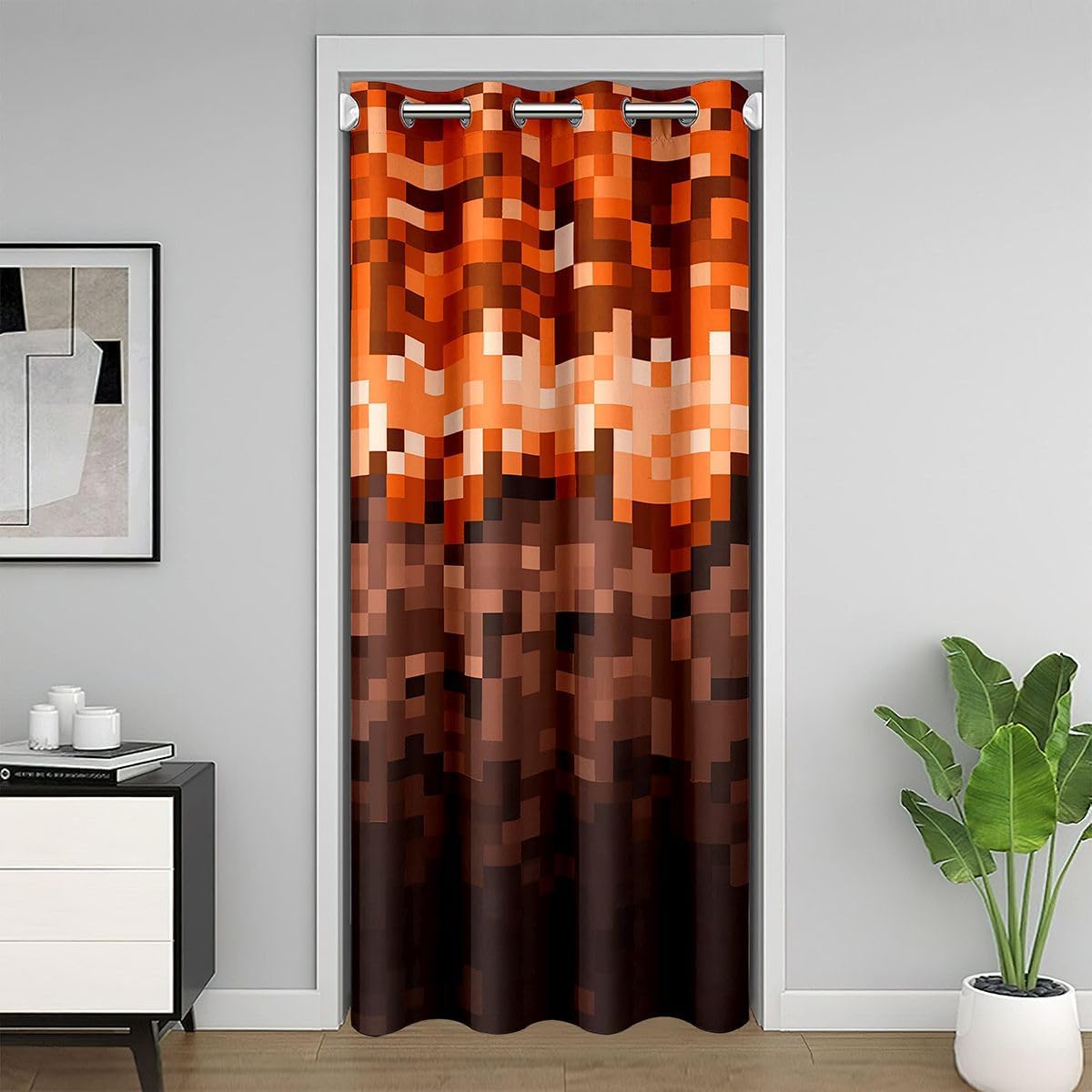 Pixelated Miners Game Kids Door Curtain,Video Games Gamepad Gaming Blackout Curtain,Modern Geometric Square Bedroom Doorway Living Room Decor,Orange Brown Privacy Door Drape 1 Panel,42" W X 80" L