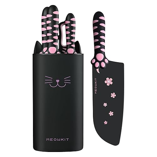 MEOWKIT Messerblock Set, 5-teiliges Schärfer Küchenmesser Set Edelstahl, Süßes Messerset mit Abnehmbarem Block und Schere Katzenform, Schwarz Rosa - Rose