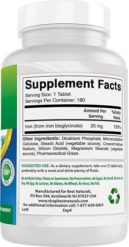 Miniatura 6 de Best Naturals Suplemento de hierro (bisglicinato de hierro) - 25 mg - 180 tabletas - Suave para el estómago - No estreñimiento
