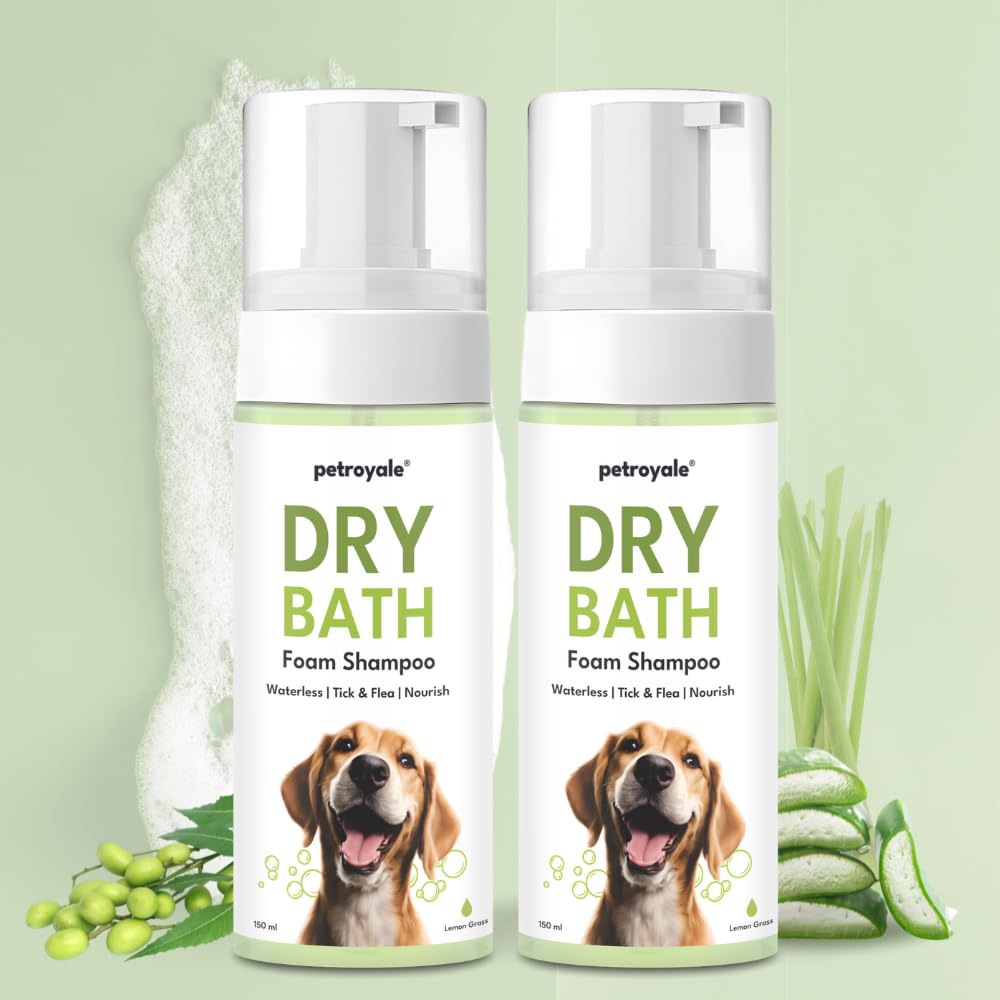 Petroyale Dry Bath Foam Shampoo for Dogs - Gentle and Natural Cleansing-Tick, Flea & Itch Relief - Waterless Foam Shampoo for Quick Bath- with Lemongrass and Aloe Vera | 150ml | Pack of 2 (B0CLYYYYVB) Amazon Price History, Amazon Price Tracker