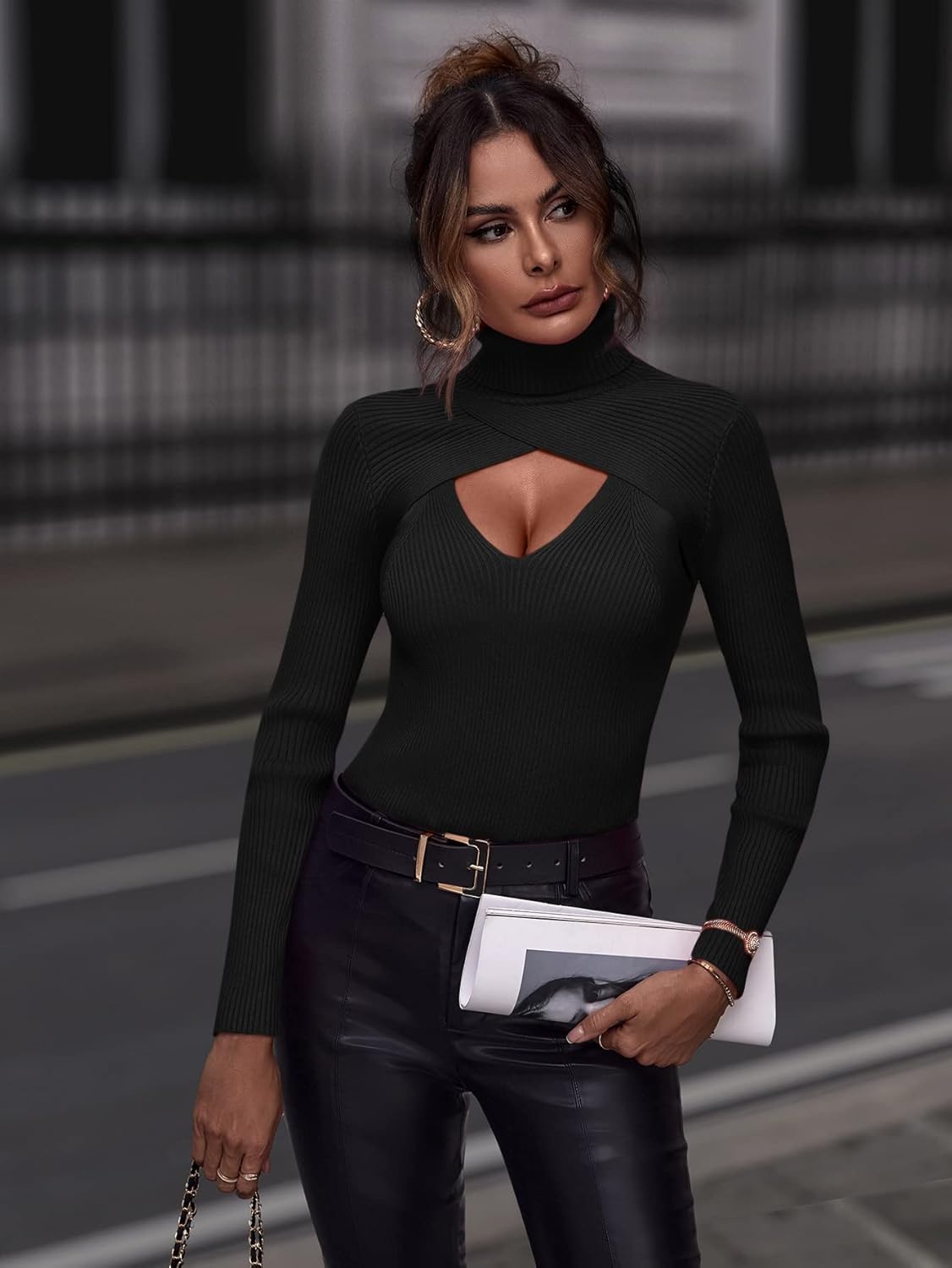 Women's Sweater High Neck Cut Out Front Sweater Sweater for Women (Color : Black, Size : Medium)